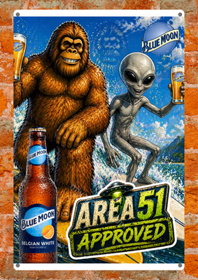 Blue Moon Beer Alien Bigfoot Surf Metal Sign Area 51 Approved Man