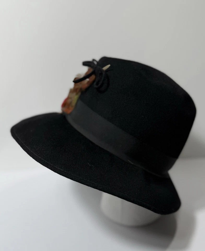 De colección MCM Henry Pollak Glenover Sr. Lewis Lana Fieltro Pluma Sombrero Cloche Talla L Foto 3 de 4