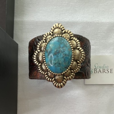 Studio Barse Brown Leather Cuff w/ Oval Turquoise, Gold Tone, Signed