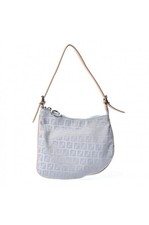 Authentic Fendi Zucchino Oyster Hobo Light Blue FF Monogram Beige Leather Trim
