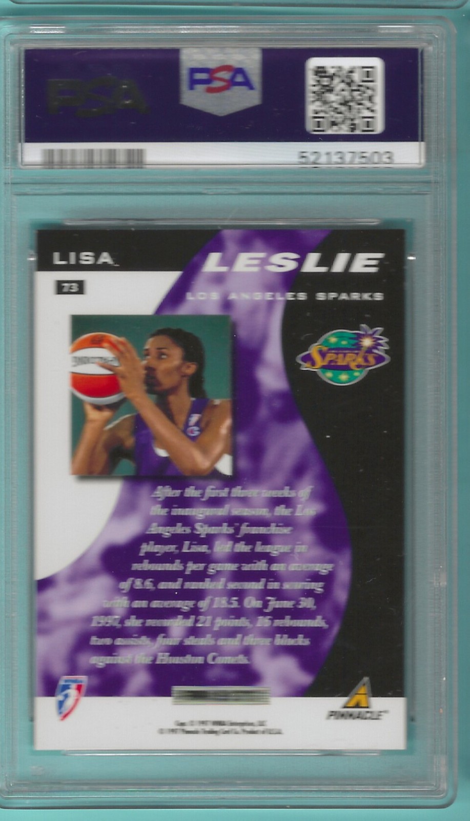 1997 Pinnacle Executive WNBA #73 Lisa Leslie S&G Rookie PSA 9 Los Angeles Sparks view 2