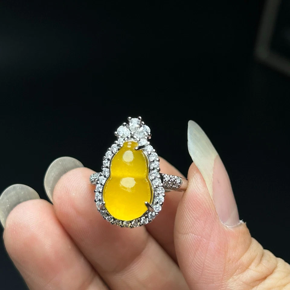  Nature inlay ice yellow Burmese Jade Jadeite adjustable Amulet Rings Foto 2 de 4