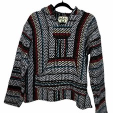 Vtg 90s Baja Joe Striped Woven Hoodie Mens Small Oversized Poncho Surf Pullover