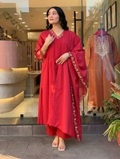 Red Flower Embroidery Cotton Suit Women Designer Kurti Pant with Dupatta Set