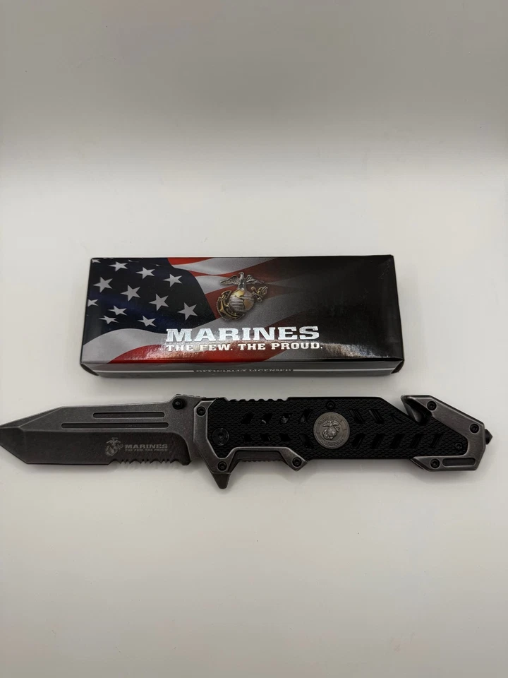 Cuchillo Plegable Asistido Táctico USMC | 9” Longitud Total | Cuchillo de Rescate Negro Foto 3 de 4