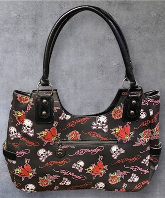 Ed Hardy Skulls Hearts Roses AOP Tattoo Y2K Design Purse Tote ~ New ~13''X15''