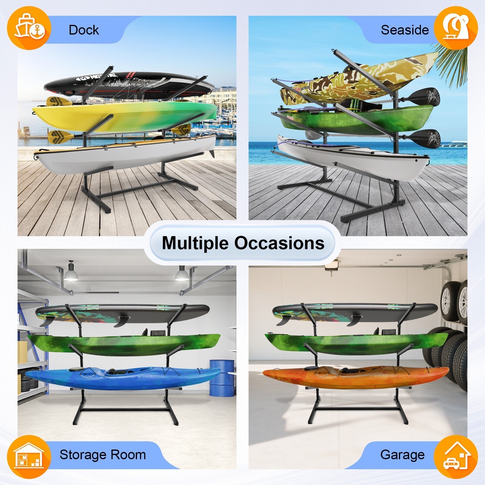 Kayak Storage Rack Indoor Outdoor Freestanding Adjustable for 3 Kayak Canoe Surf