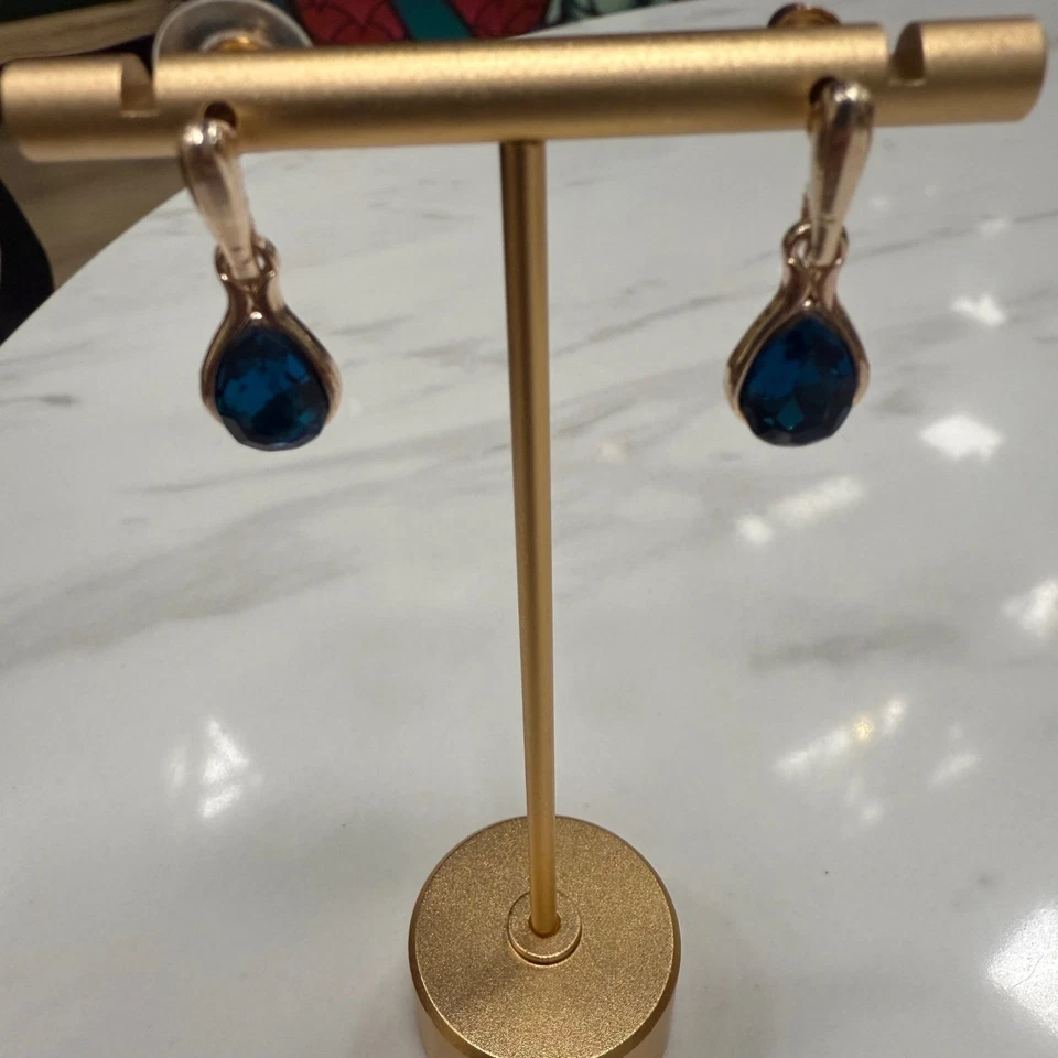 Pendientes colgantes lágrima joya azul tono oro rosa joyería para mujer Foto 3 de 3