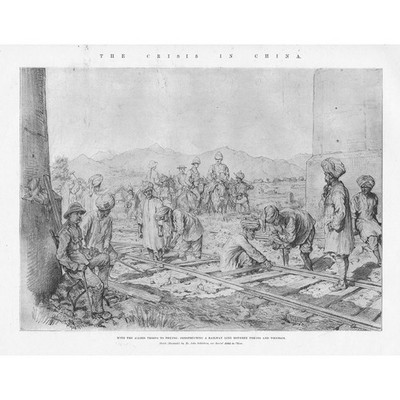 CHINA Truppenbau Eisenbahn zwischen Peking & Tientsin - antiker Druck 1900