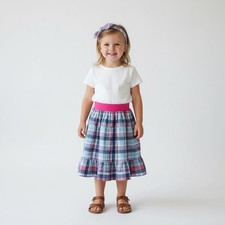 Skirt Girls 2/3 Pink  Blue Plaid Ruffle Tier Long Cotton Mom and Pop's Kids