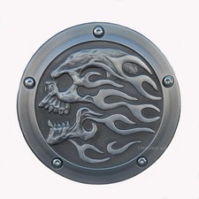 Cubierta Harley Derby calavera llameante acabado envejecido aluminio fundido doble leva 7,25" diámetro
