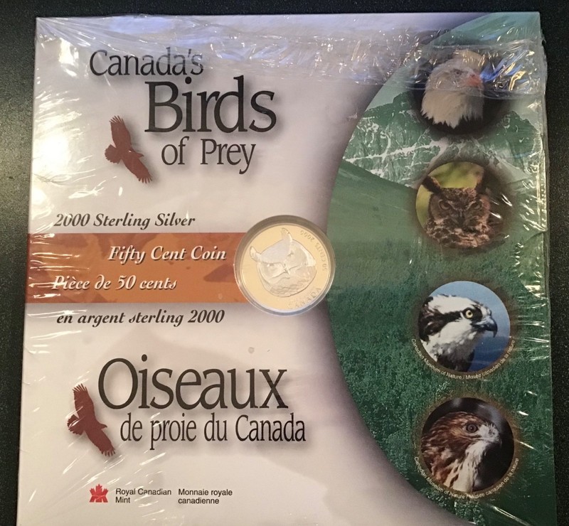 OWLS! NEW 2000 .50 Canada Sterling Silver Birds of Prey Great Horned Owl SEALED