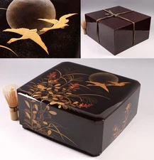 Japanese Lacquer Sweets Box 10.9inch Gold Moon&Geese Tea Ceremony Meiji Era 19th