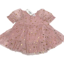 NWT Baby Gap Girls 0-3 Months Pink Tulle Ruffle Dress with Metallic Stars Hearts