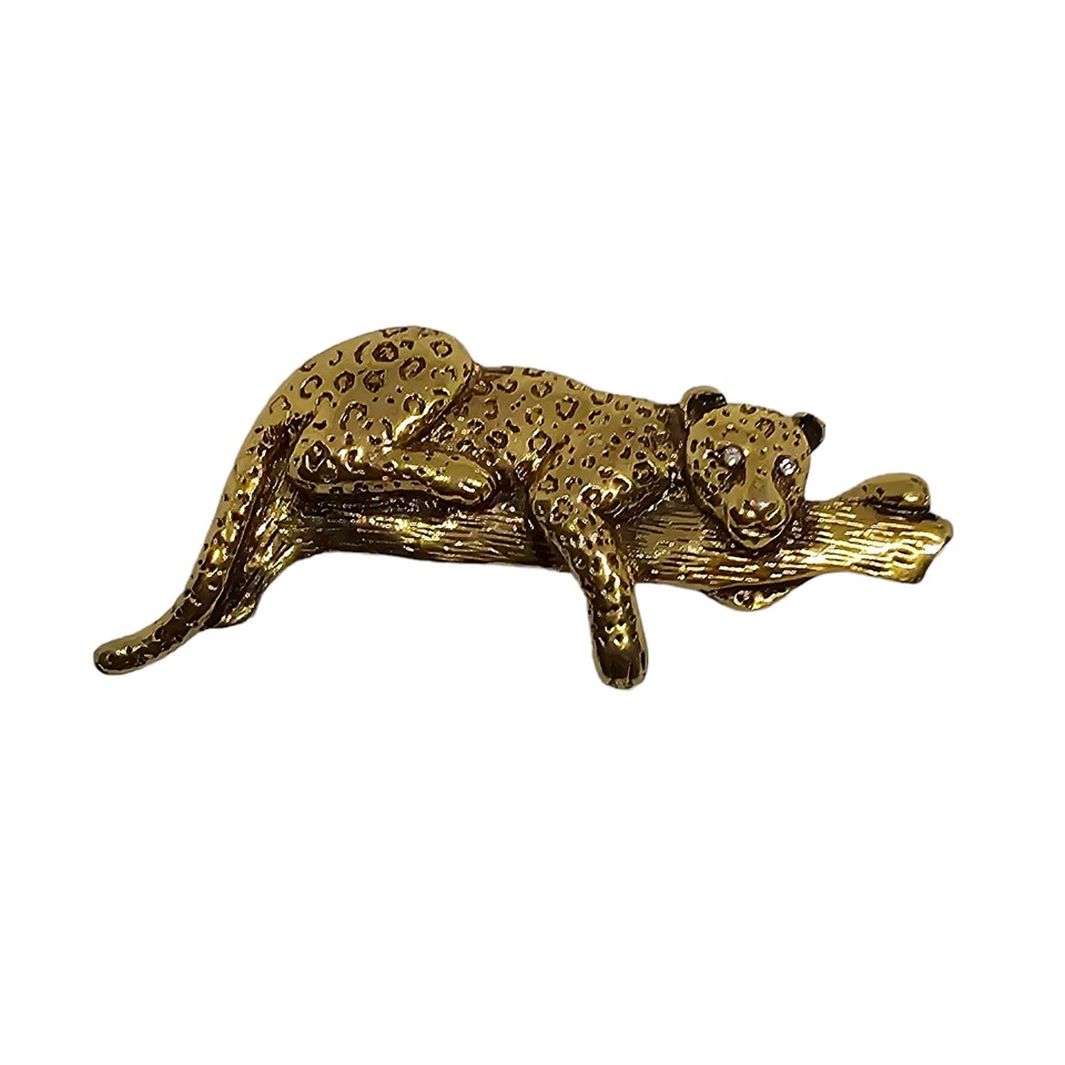 Vintage Gold Tone Leopard on a Jungle Tree Branch Brooch with