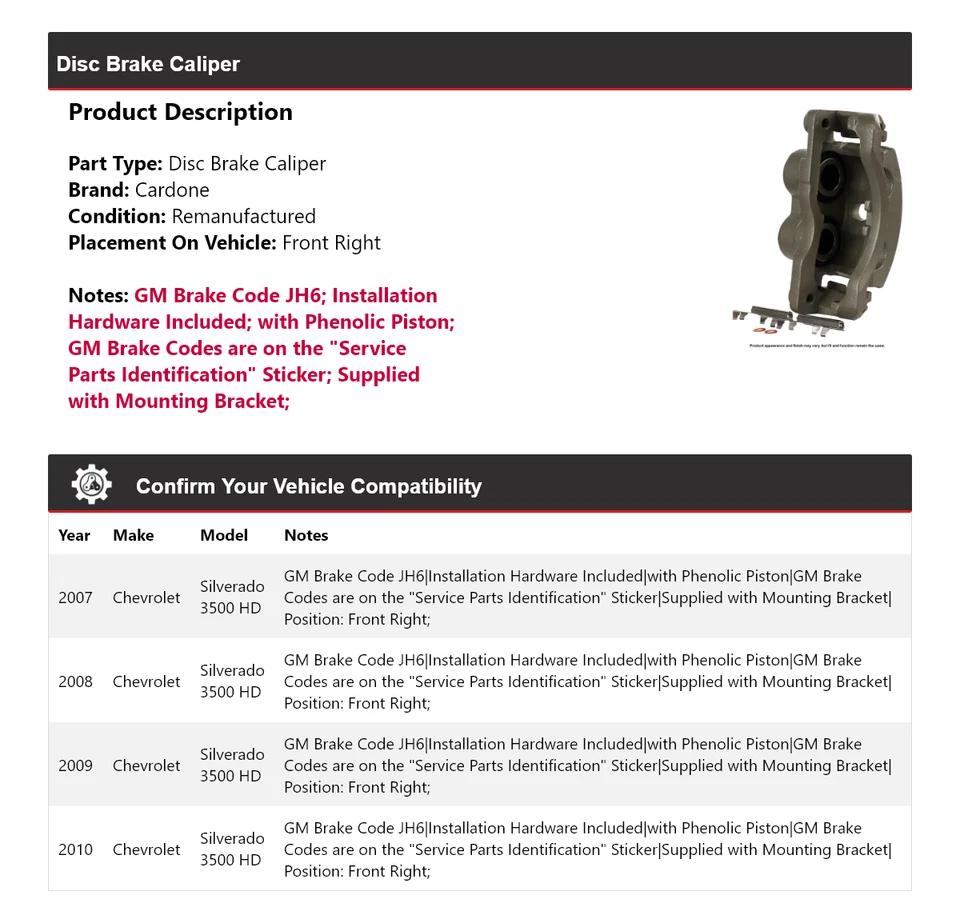 For 2007-2010 Chevrolet Silverado 3500 HD Disc Brake Caliper Front Right Cardone - Image 2 of 4