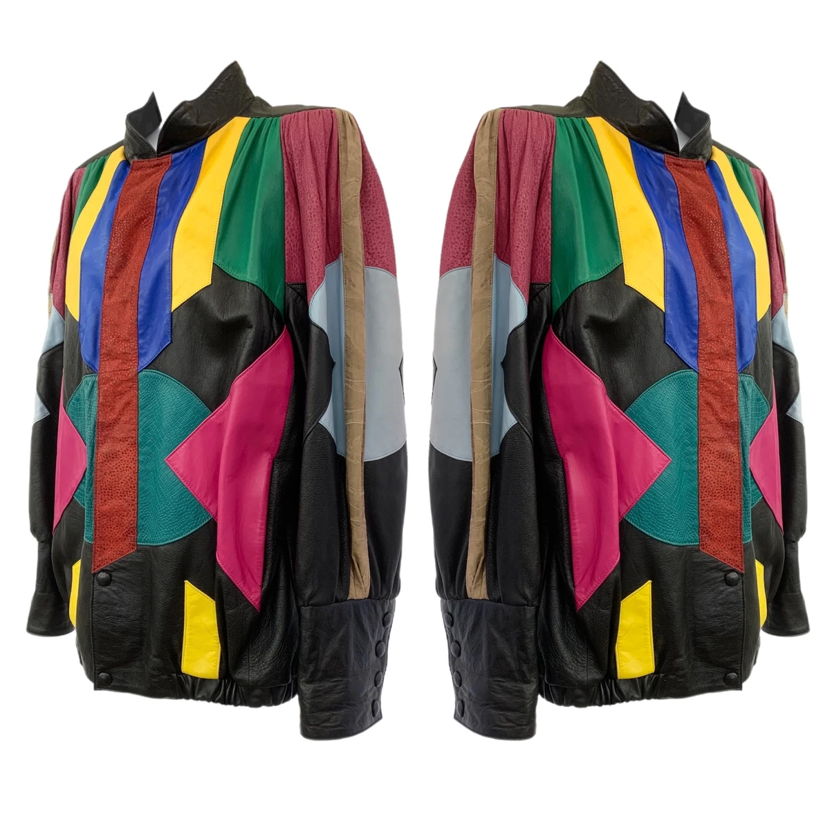Vtg Vintage 1980s 80s Bright Colorblock New Wave Leather Jacket