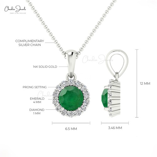 Colgante hecho a mano de oro macizo de 14 k con halo de esmeralda natural de corte redondo de 4 mm para mujer - Imagen 20 de 22