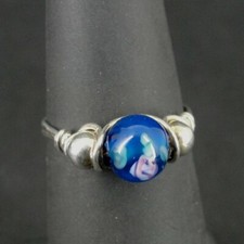 Ring Silver Blue Bead with Pink Flower Sterling Silver 925 Size 4.5 Band Ring