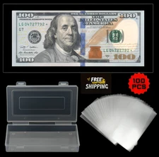 100PCS Premium Clear Paper Money Sleeves & Plastic Storage Case US Dollar Bills