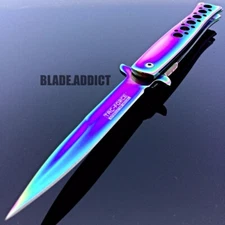 9" Tac Force Spring Assisted Open Tactical Stiletto Pocket Knife Blade Rainbow