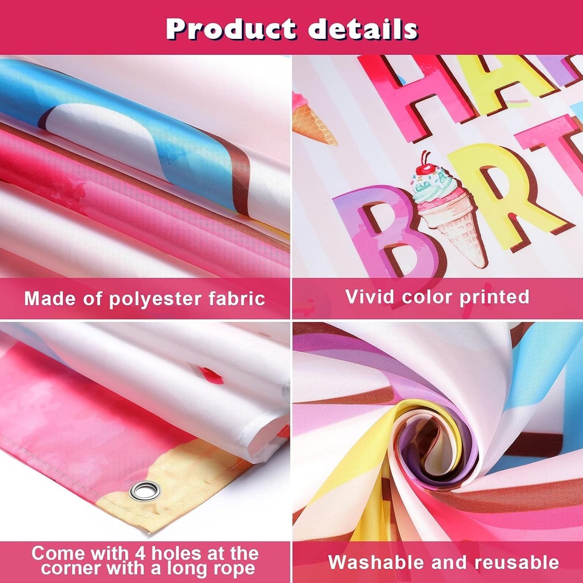 Ice Cream Birthday Party Decorations - Happy Birthday Backdrop Banner For Summer Themed Parties