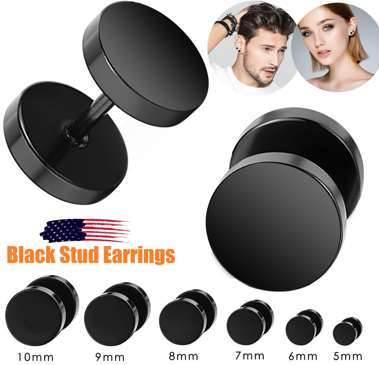 Black Faux Gauges Stud Earrings for Men & Women - Stainless Steel Ear Tunnels-image