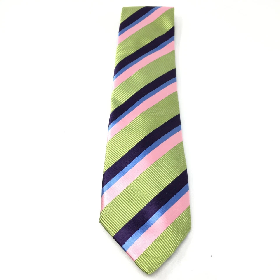 Corbata Paul Fredrick Sartoriale siete pliegues verde azul rosa rayas 100 % seda Italia Foto 4 de 4