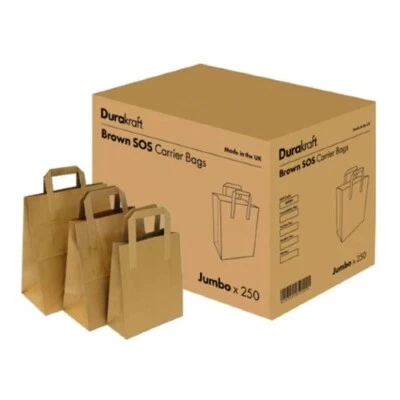 Paper Carrier Bags SOS Food Takeaway Brown Kraft with Flat Handle | 3 Sizes