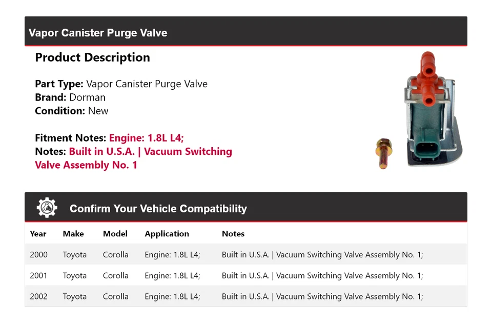 Válvula de purga de bote de vapor Dorman 2001 para Toyota Corolla 2000-2002 1,8 L L4 Foto 2 de 4