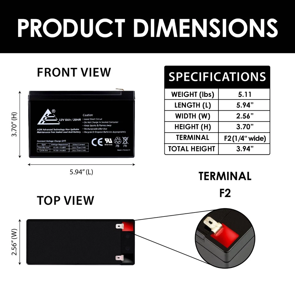 2 paquetes de batería de repuesto 12V 8AH SLA para moto de cross Razor MX350 MX400 Foto 3 de 4
