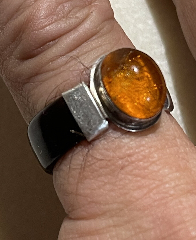 Bague Femme Argent 925 Et Ambre Miel - Taille 54, Occasion, Création Naturelle