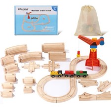 Wooden Train Track Set 62pcs, Wood Railway Systems Expansion Pack with Train ...