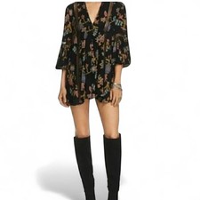 Free People Just The Two Of Us Printed Dress Black Pink Floral Boho Size XS