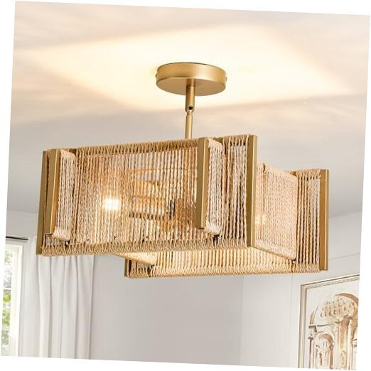 Bobo Semi Flush Mount Ceiling Light Rattan Rustic Vintage Chandelier Gold
