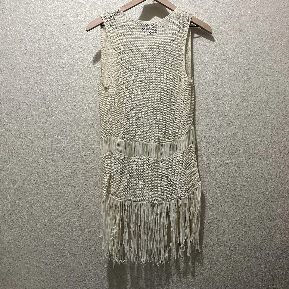 Cárdigan Boho Western Festival Sweet & Pecaminoso Mujer M Crema Tanque Crochet Flecos Foto 3 de 4