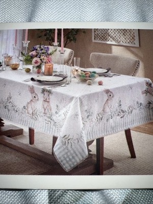 Rachel Zoe 60 x 104  Oblong Tablecloth Easter Bunny Rabbit Floral Polyester