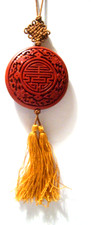Vintage Chinese Carved Cinnabar Medallion Pendant Necklace 2 Tassels