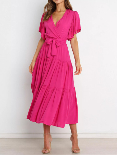 Petal and Pup Womens Pink Feminine Barker Tier Wrap Belted Sun Dress Large