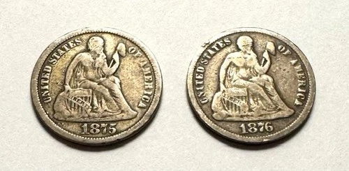 1875S Full Liberty VF+ Seated Dime & 1876 Almost Full Liberty VF Seated US Dimes
