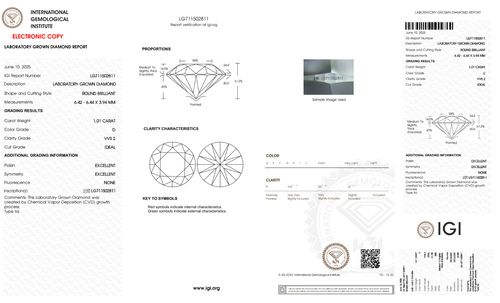 1.01 ct D-VVS2 Round Diamond, IGI Certified Diamond, CVD Lab Grown Loose Diamond - Picture 4 of 8