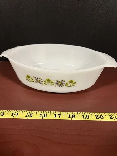 Vintage Fire-King Anchor Hocking Casserole Dish Spring Wreath Pattern Milk Glass