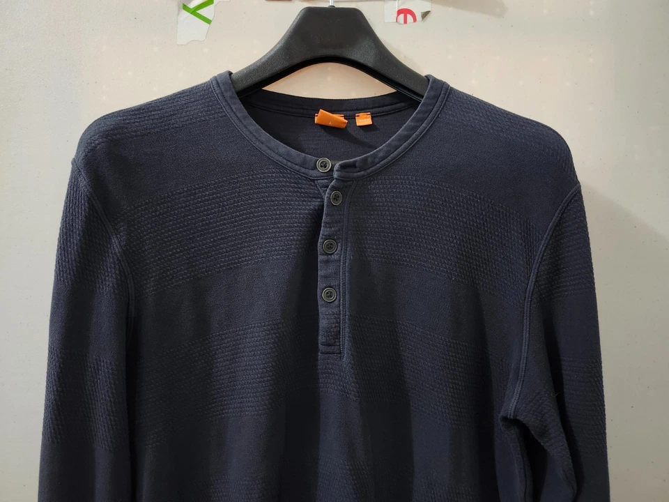 Hugo Boss Naranja Shrit Para Hombres L Azul Henley Manga Larga Textura Elastizada Talla Grande Foto 3 de 4