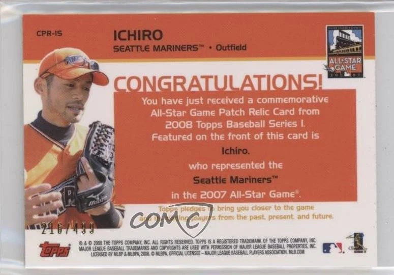 2008 Topps All-Star Game Manufactured Relic /499 Ichiro Suzuki #CPR-IS Patch HOF - Image 2 of 2