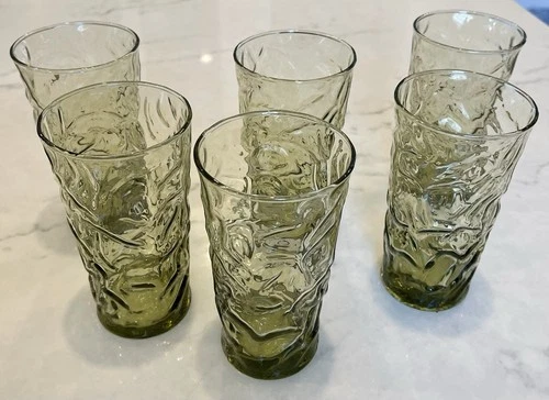 6 MCM vintage Anchor Hocking Lido Milano Avocado Green Crinkle Tumbler’s