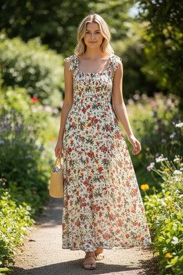 Lush Floral Maxi Dress Smocked Ruffle Straps Sleeveless White Size L