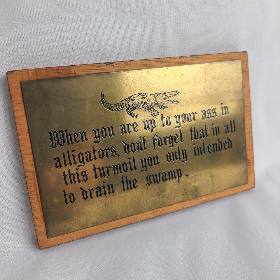 Vintage Engraved Brass Wood Wall Hanging Plaque Funny Alligator Swamp ...
