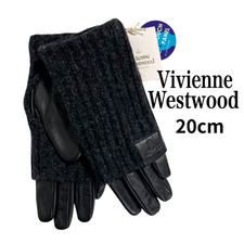 Vivienne Westwood Women  s Leather Wool Gloves Rib Knit Black Gray 20cm NEW