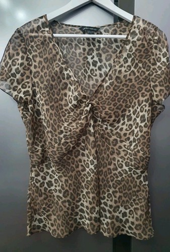 Laura Ashley Brown Leopard Chiffon Top UK18 EU44 US14 Split Sleeves Sheer Blouse - Picture 2 of 12