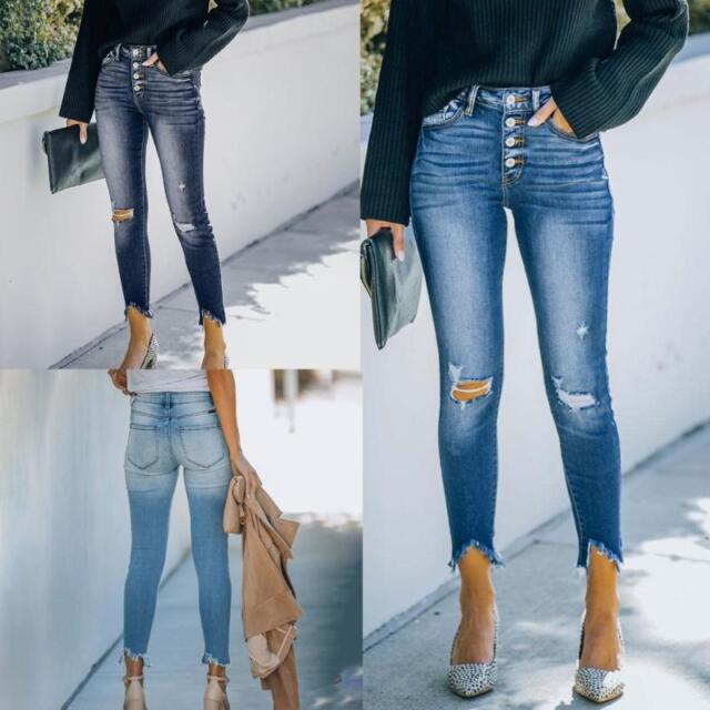 Womens Skinny Ripped Hole Jeans Mid-Waisted Button Fly Washed Color Denim Pants
